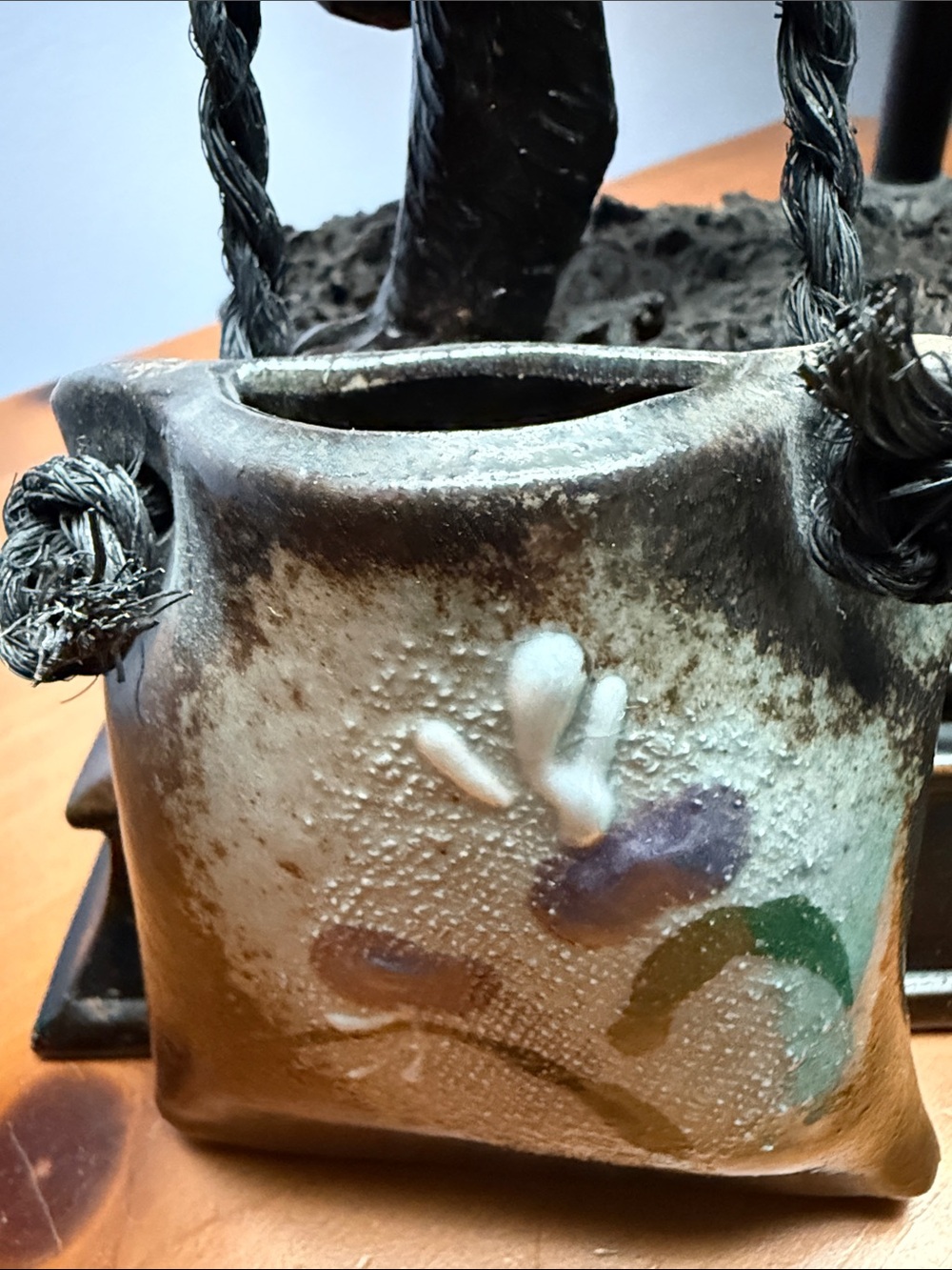 Handcrafted Japanese White and Brown Ceramic Mini Planter with Floral Accent